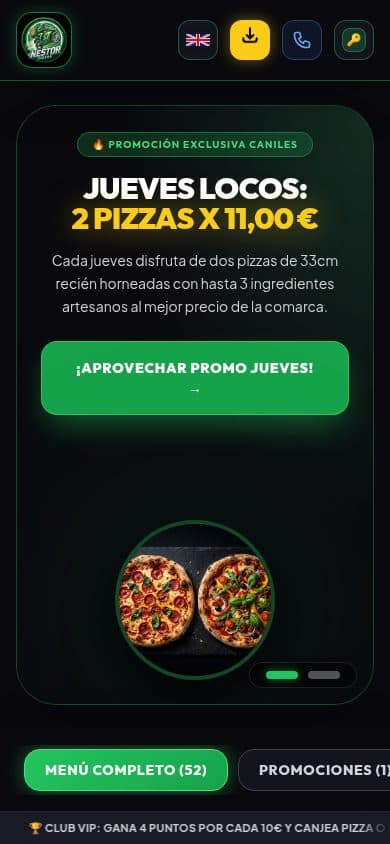 Pantalla de inicio de la PWA de Néstor Pizzas, con promoción activa y menú