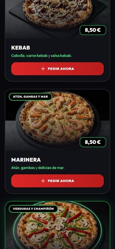 Catálogo de productos de la PWA de Néstor Pizzas con precios y botón de pedido
